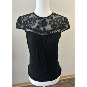 VTG Ralph Lauren Black Lace Sheer Puff Sleeve Top 90s Whimsigoth Coquette Dainty